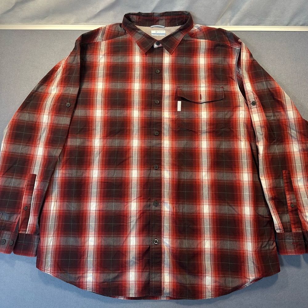 Columbia Men's Red and Black Plaid Button-Down Shirt Size XXL